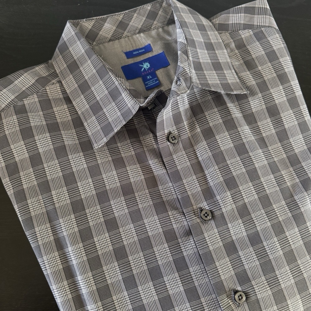 Egara Mens XL 100% Cotton Non-iron Dress Shirt Black/gray Plaid